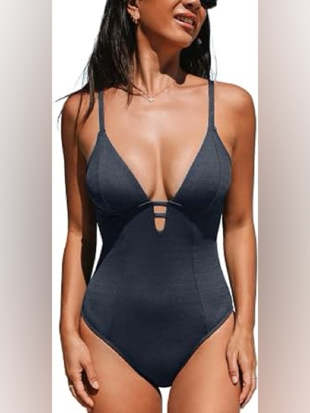 Charcoal Gray Textured Plunging Deep V-Neck Keyhole One-Piece Swimsuit